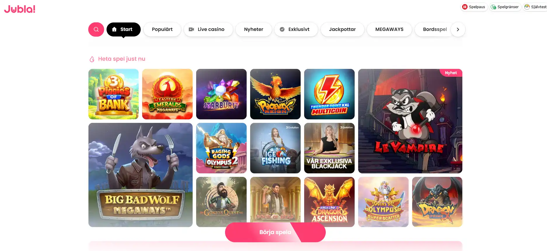 Skärmbild av Jublas officiella svenska casinovy med spelnavigering